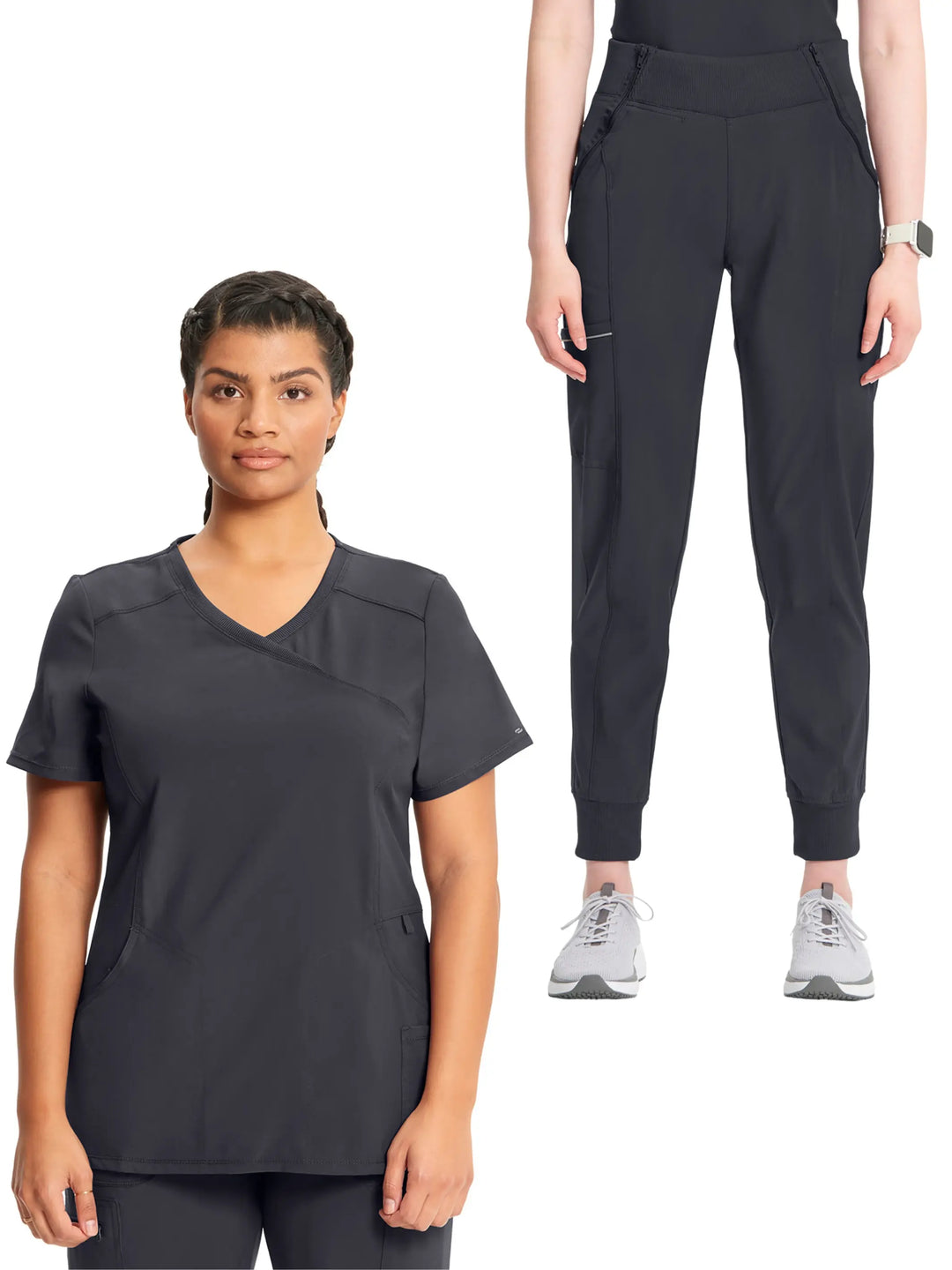 Infinity Women's Scrub Set Mock Wrap Top & Petite Joggers | Pewter