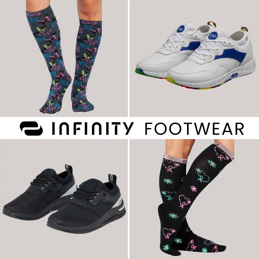 A collection of nursing sneakers and compression socks from Infinity on a light grey background.