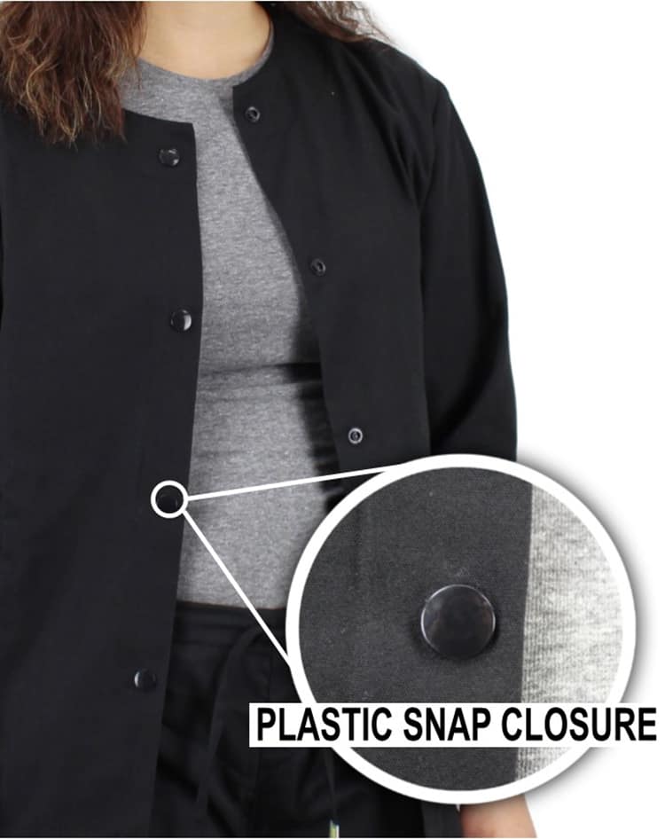 An up close image of the front of the Pocketless Unisex Plastic Snap Jacket  in Black size Medium featuring a non-magnetic, snap front button closure.
