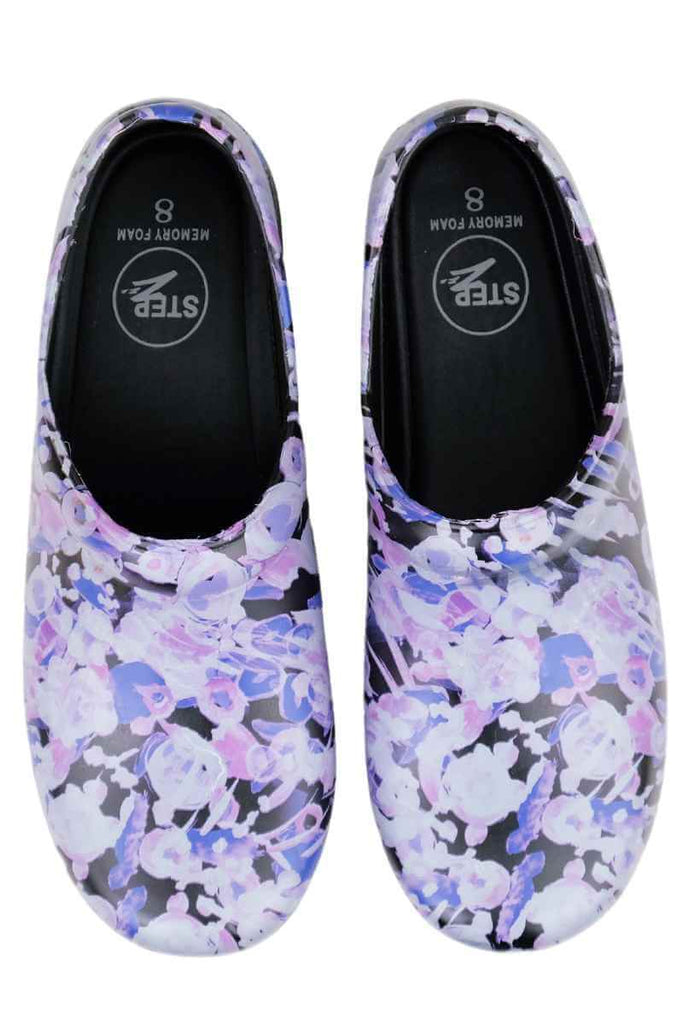 A frontward facing image of the StepZ Women's Slip Resistant Nurse Clogs in "Lilac Dreams" size 8 featuring a classic slip on style.