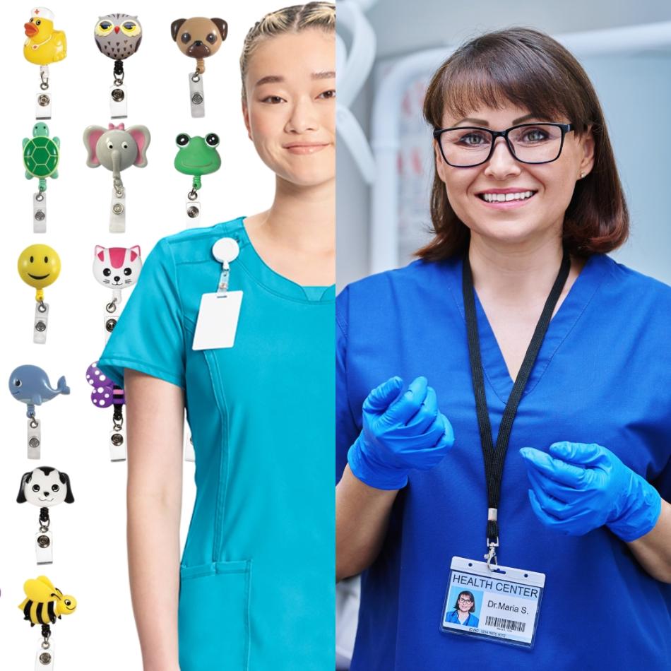 Two nurses displaying some of the available options in scrub pro's collection of Lanyards & ID Badge Holders.