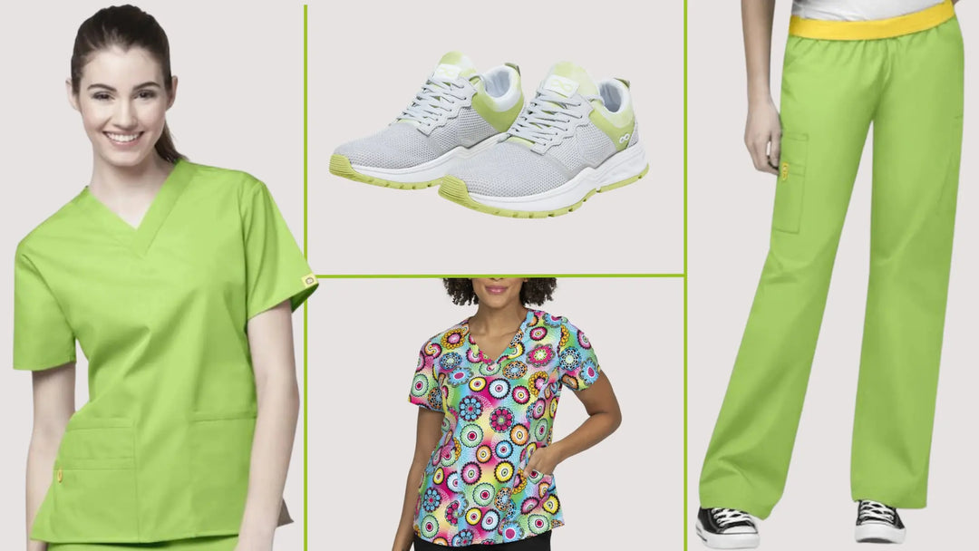 A collection of available items in Scrub Pro Uniforms' collection of Lime Green Scrubs and More on a light grey background.