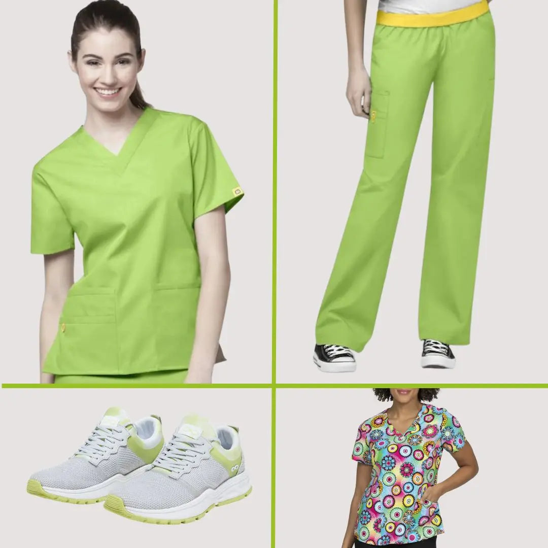 A look at some of the available  items in Scrub Pro's collection of Lime Green Scrubs and More on a light grey background.