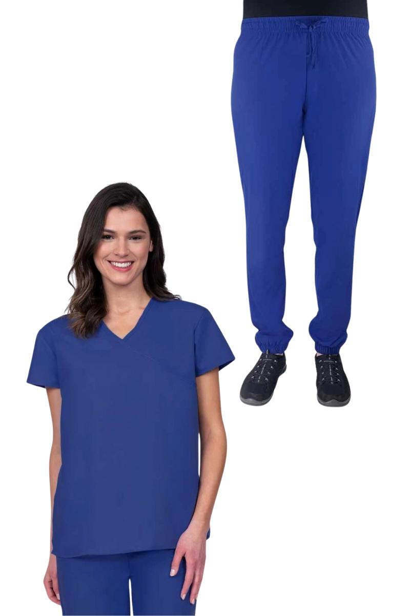 A look at the Luv Scrubs by MedWorks Women's Pocketless Mock Wrap Scrub Top and the Luv Scrubs by MedWorks Women's Pocketless Jogger in Royal Blue.