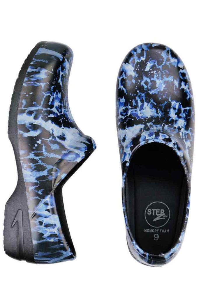 An image of the top & side of the StepZ Women's Slip Resistant Nurse Clog in "Midnight Blues" size 10 featuring a classic slip on style.