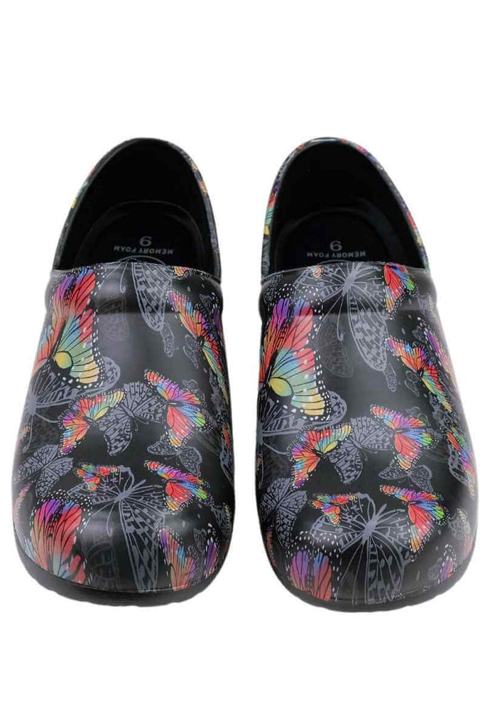 A frontward facing image of the StepZ Women's Slip Resistant Nurse Clogs in "Monarch Flight" size 9 featuring a classic slip on style.