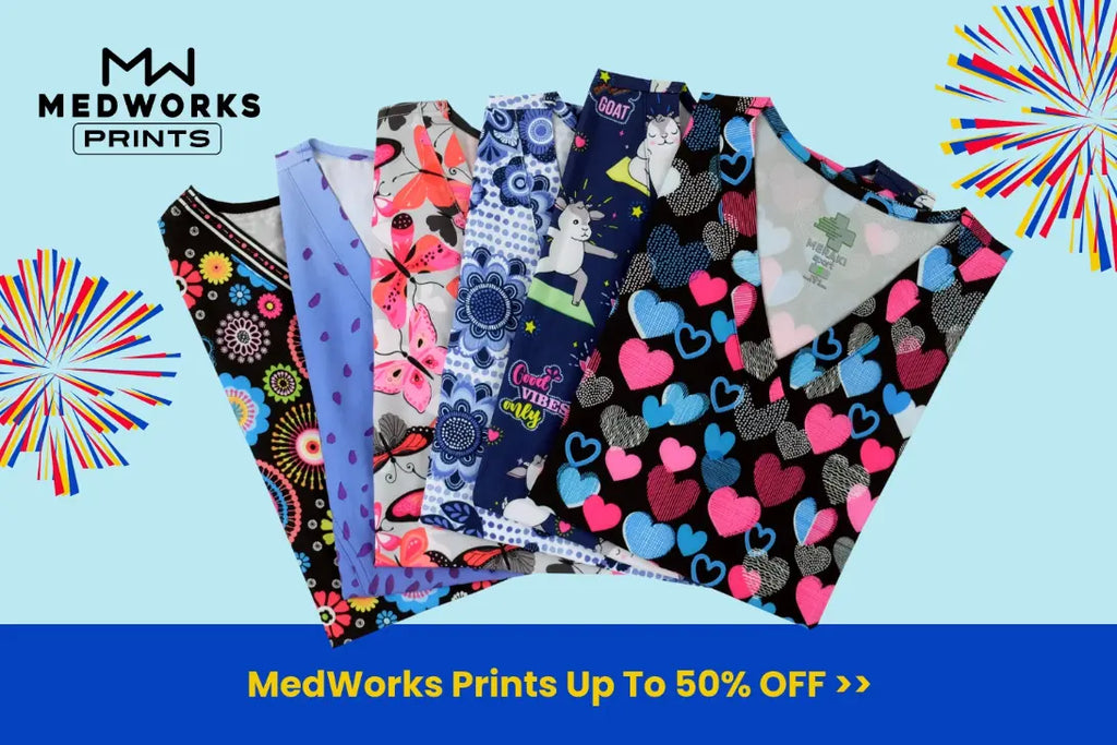 MedWorks Printed Scrub Tops are up to 50% off at Scrub Pro Uniforms.