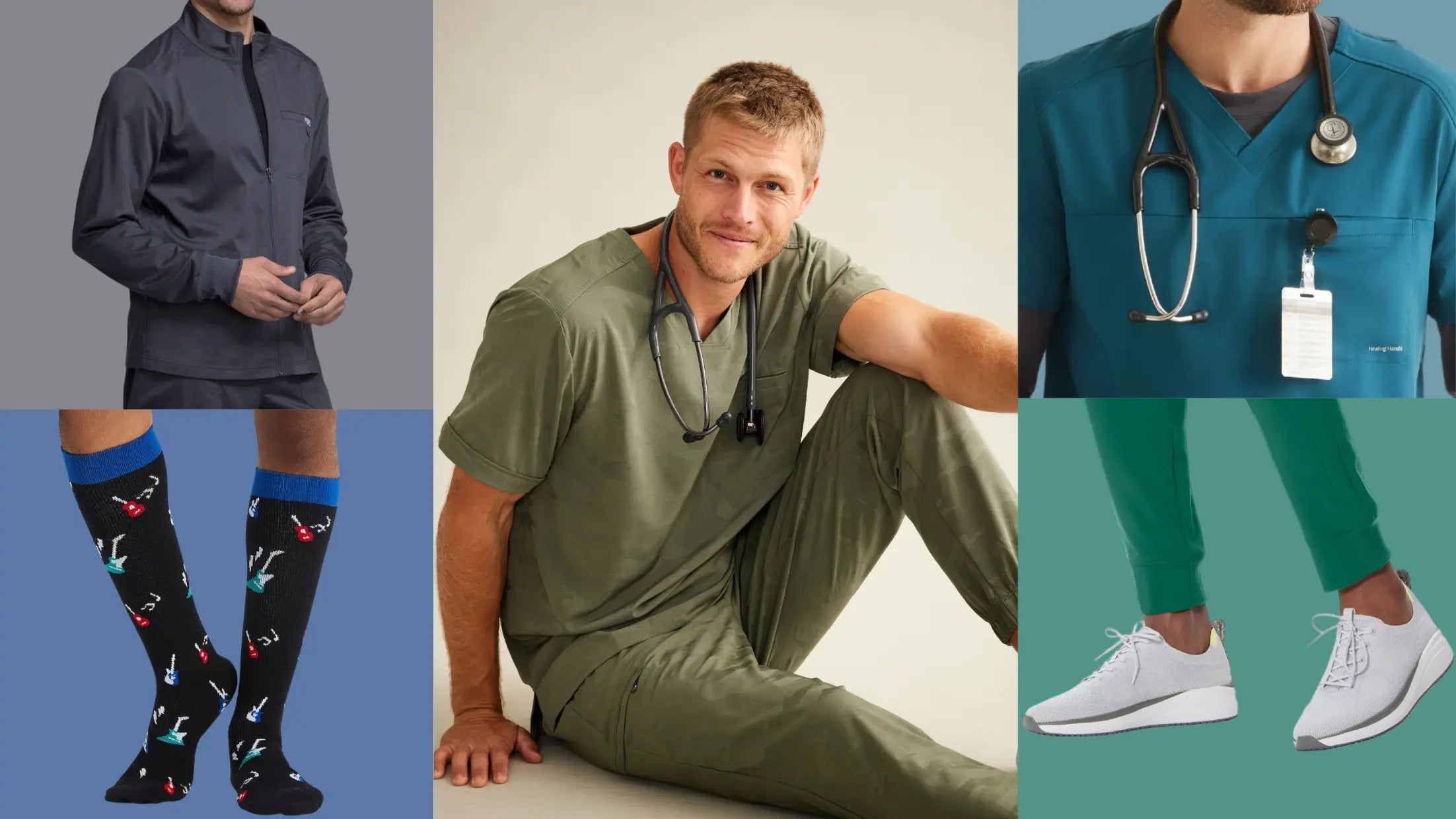 A collage of available items at Scrub Pro in their men's scrubs and more collection on a multi-colored background.