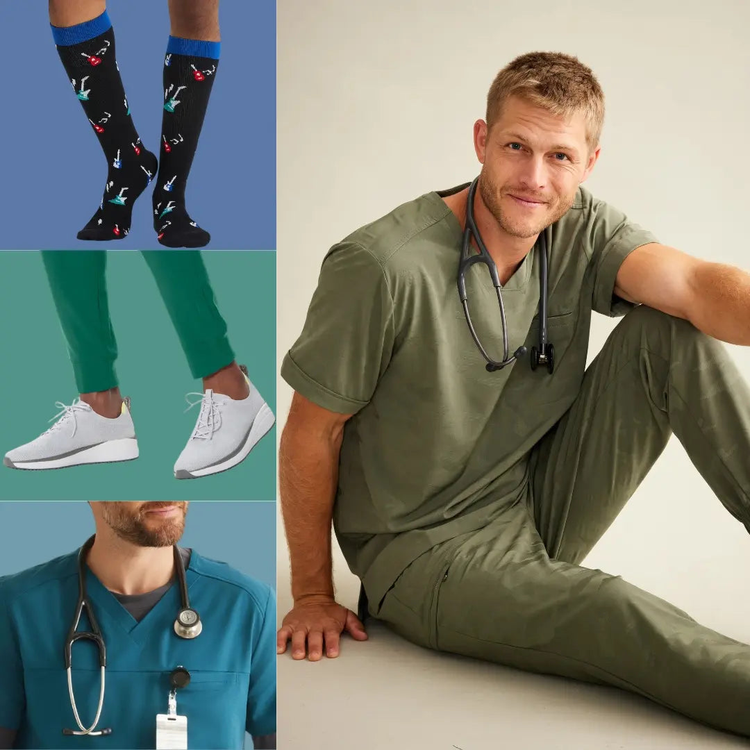 A collection of images showcasing some of Scrub Pro's men's scrubs and more on a multi-colored background.