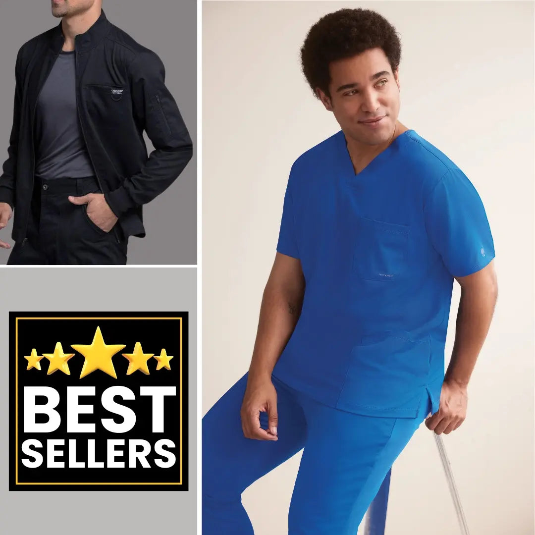 A look at some of Scrub Pro's best-sellers in their men's collection on a multi-colored background.