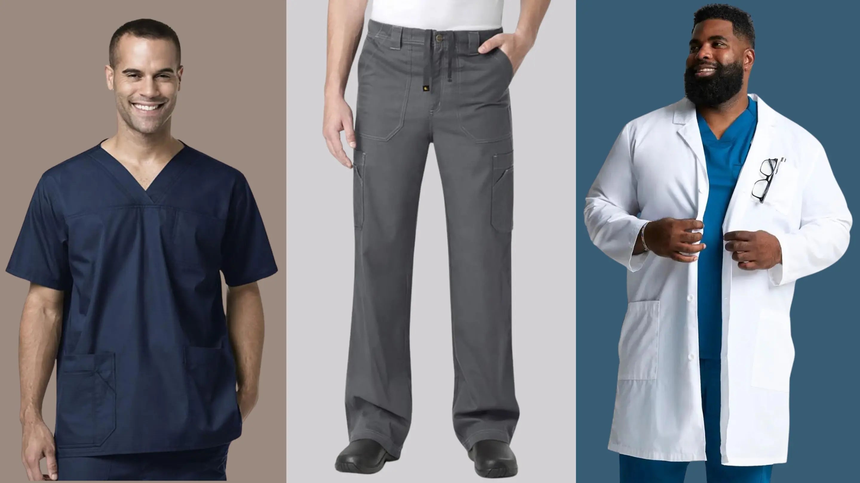 A collection of images showcasing some of the available scrub styles in Scrub Pro's big men's sizes collection.