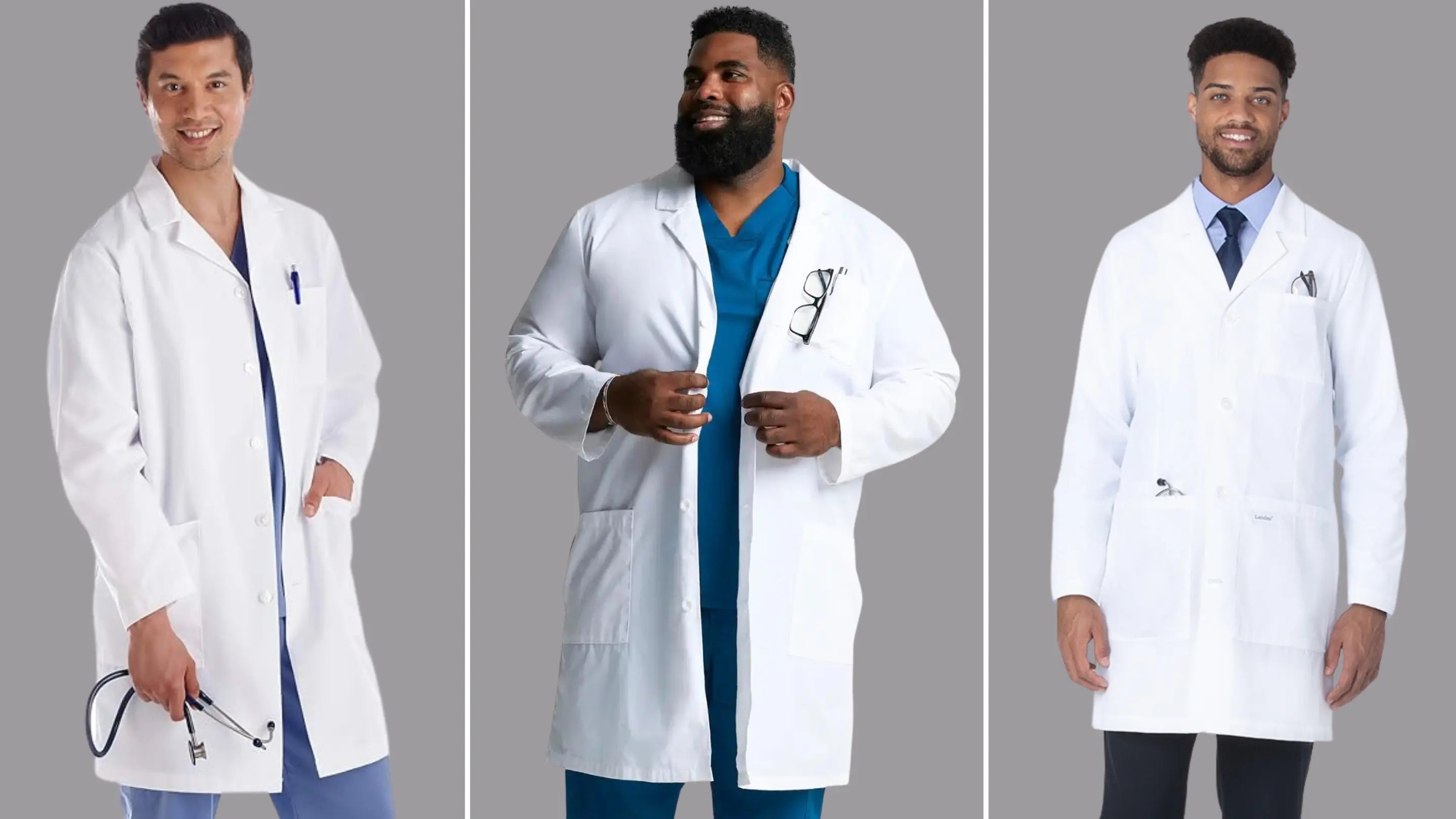 Three male doctors showcasing some of the available lab coats in Scrub Pro's collection of Men's Lab Coats on a solid grey background.