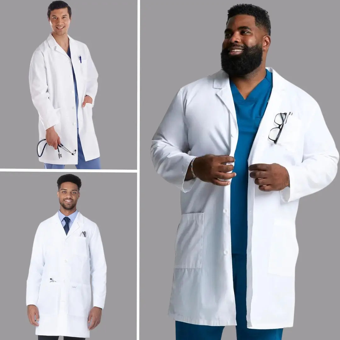 Three young male doctors showcasing some of Scrub Pro's selection of available men's lab coats on a grey background.