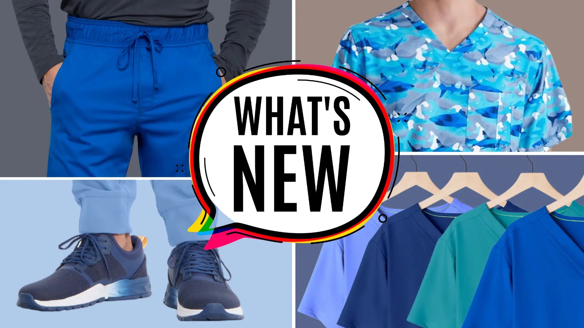 A collection of images showcasing some of Scrub Pro's newest arrivals in their men's collection featuring nursing shoes, scrubs, prints, and more.