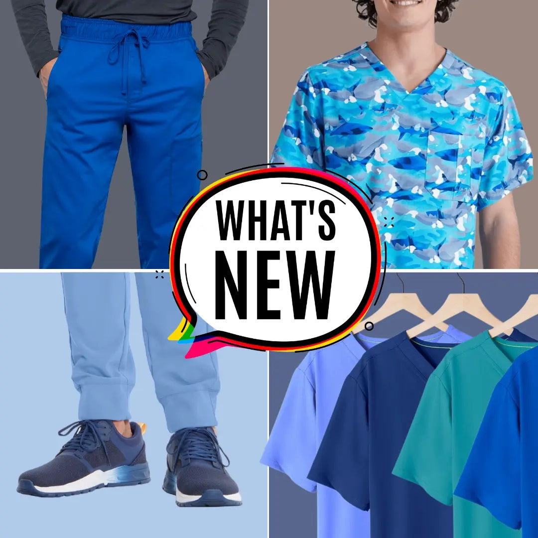 A look at some of Scrub Pro's newest arrivals to their men's collection on a multi-colored background.