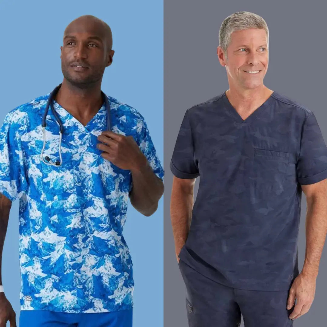 Two male Pediatric Nurses wearing some of Scrub Pro's printed scrub tops on a multi-colored background.