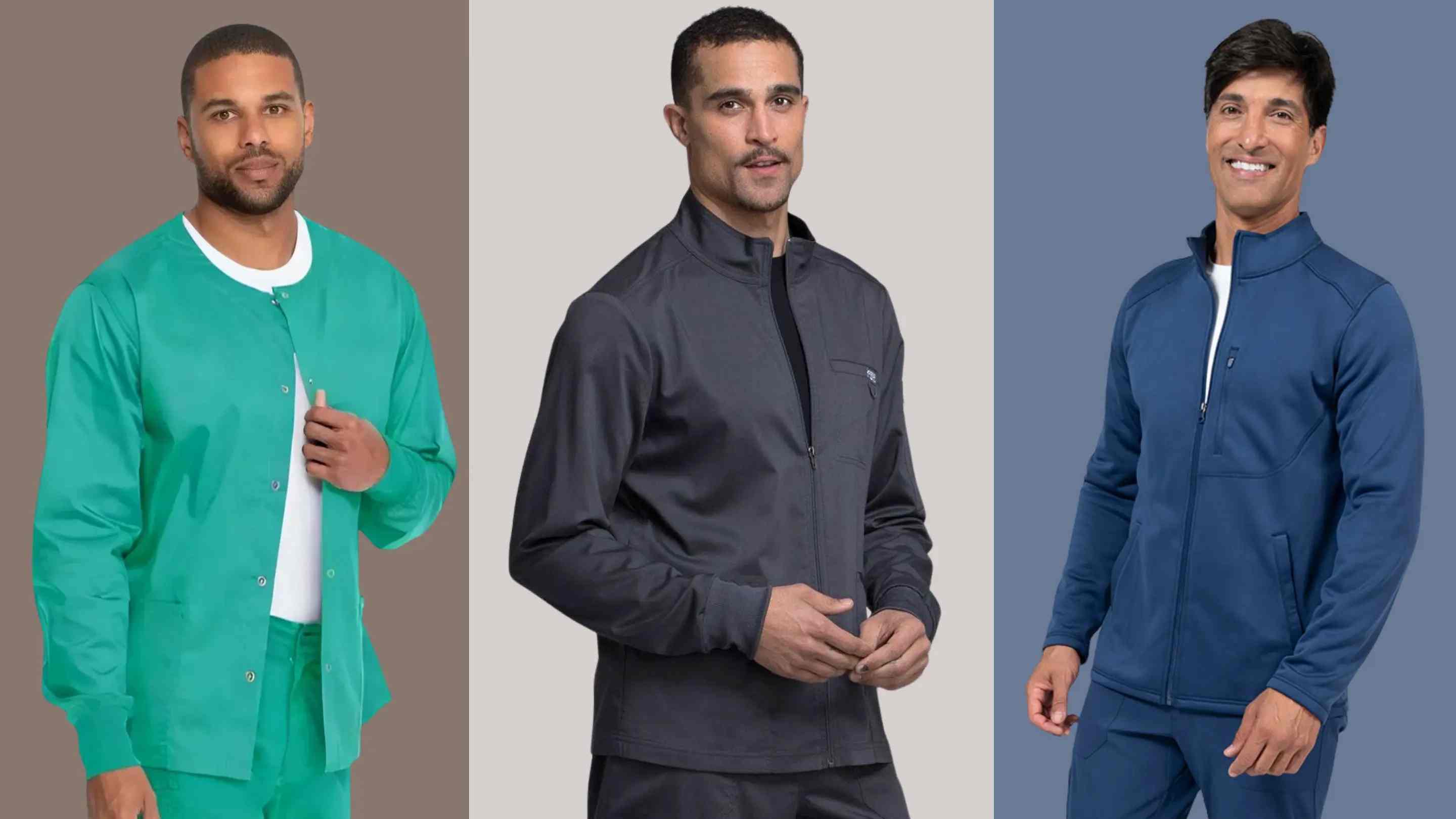 A banner depicting three of the styles available in Scrub Pro's Men's Scrub Jacket collection in surgical green, pewter grey, and navy blue