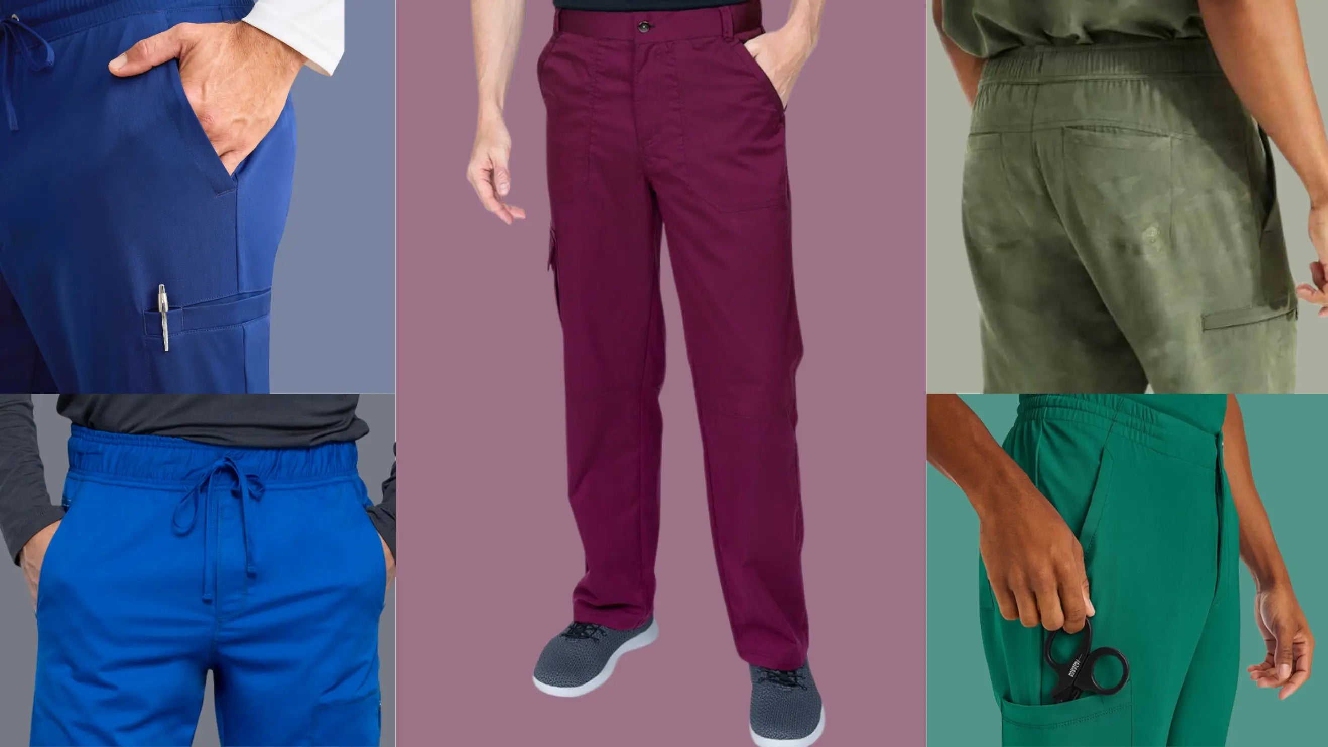 A collection of images displaying some of Scrub Pros available styles in their men's scrub pants collection on a multi-colored background.