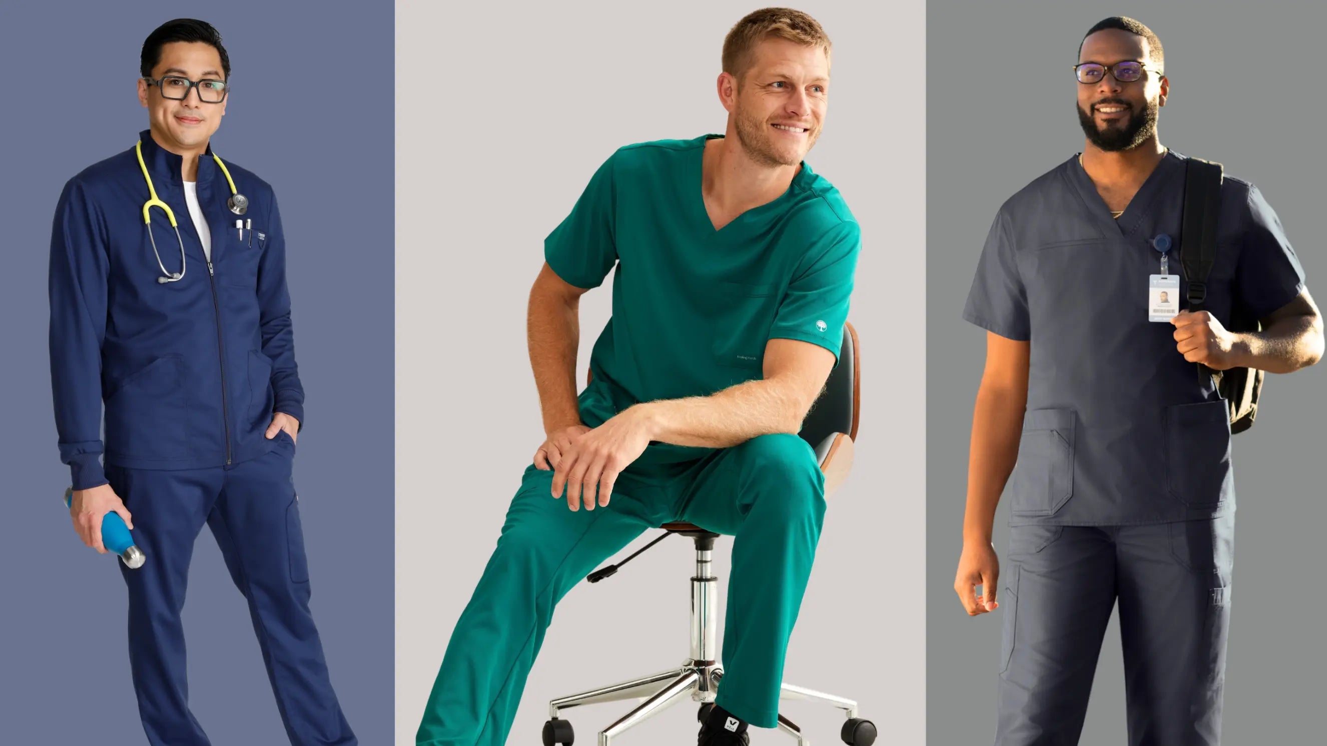 Three young male nurses showcasing some of the scrubs available in Scrub Pro's men's scrubs collection on a multi-colored background.