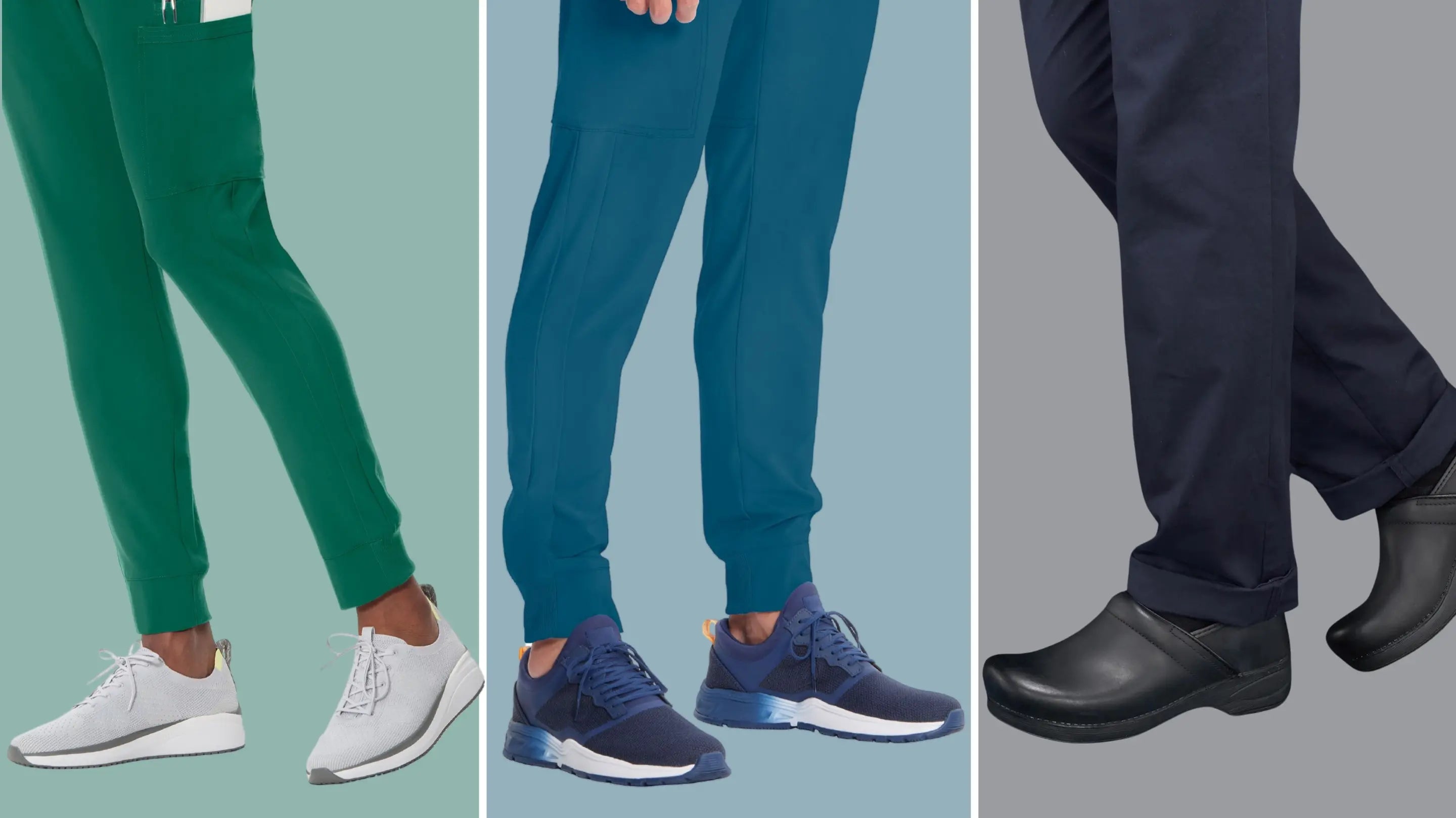 A collection of available men's nursing shoes at Scrub Pro on a multi-colored background.