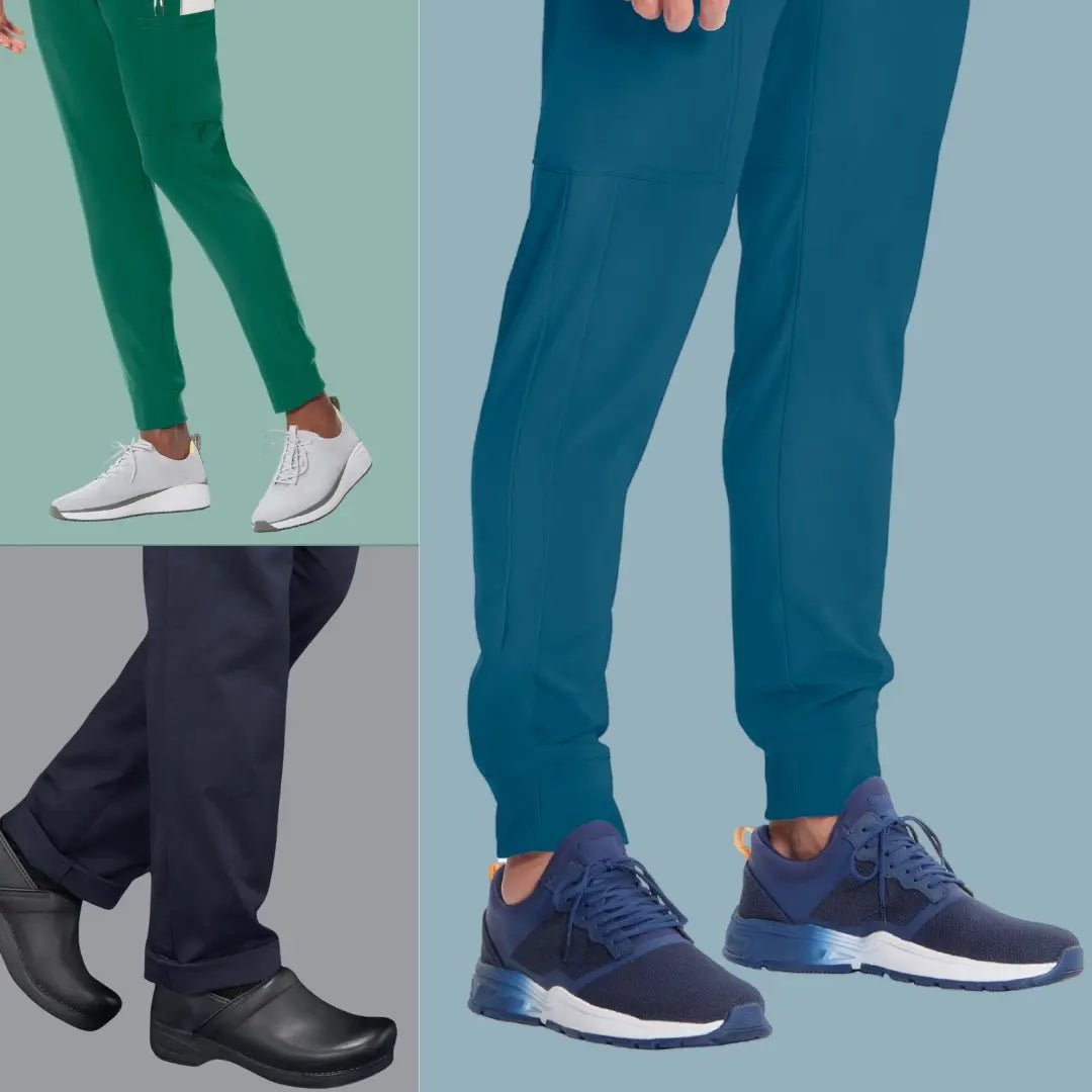 A collage of available shoes in Scrub Pro's collection of Men's Nursing Shoes on a multi-colored background.