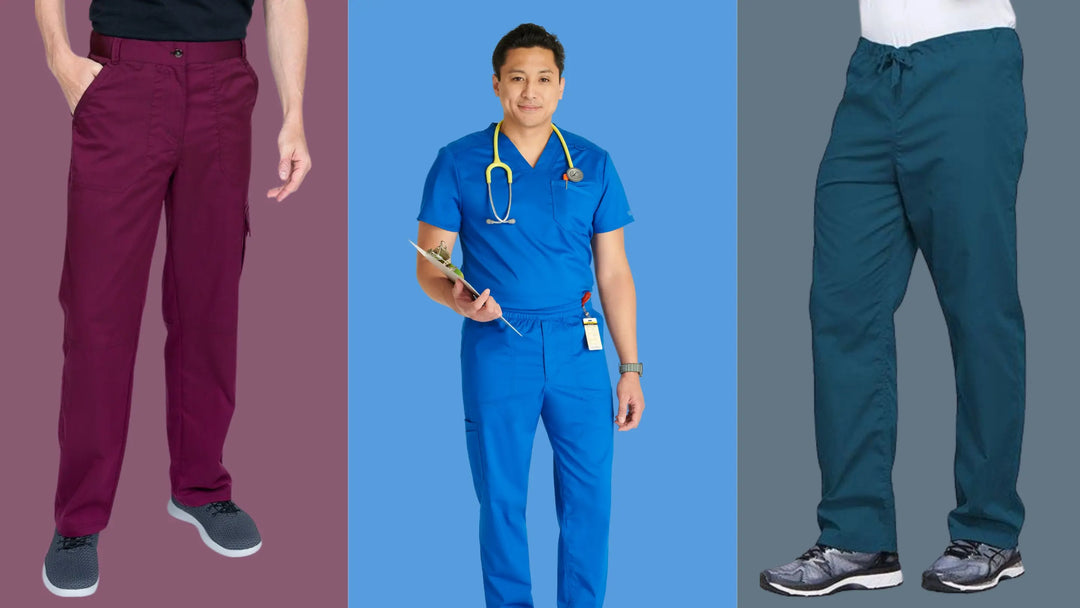 A collage of male nurses showcasing some of the available styles in Scrub Pro's collection of men's short scrub pants.