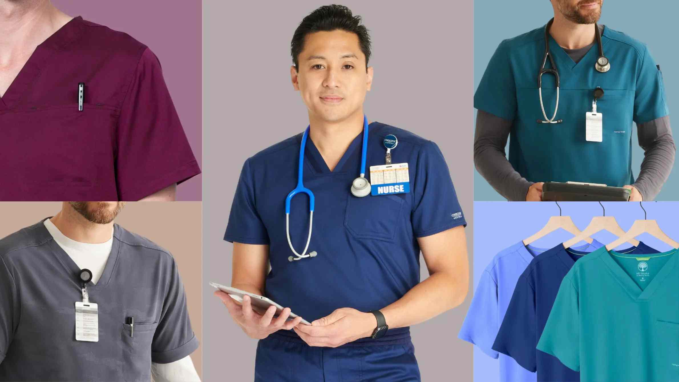 A look at some of the available styles in Scrub Pro's Men's Solid Scrub Top collection featuring colors like navy blue, pewter, caribbean blue, wine and more.