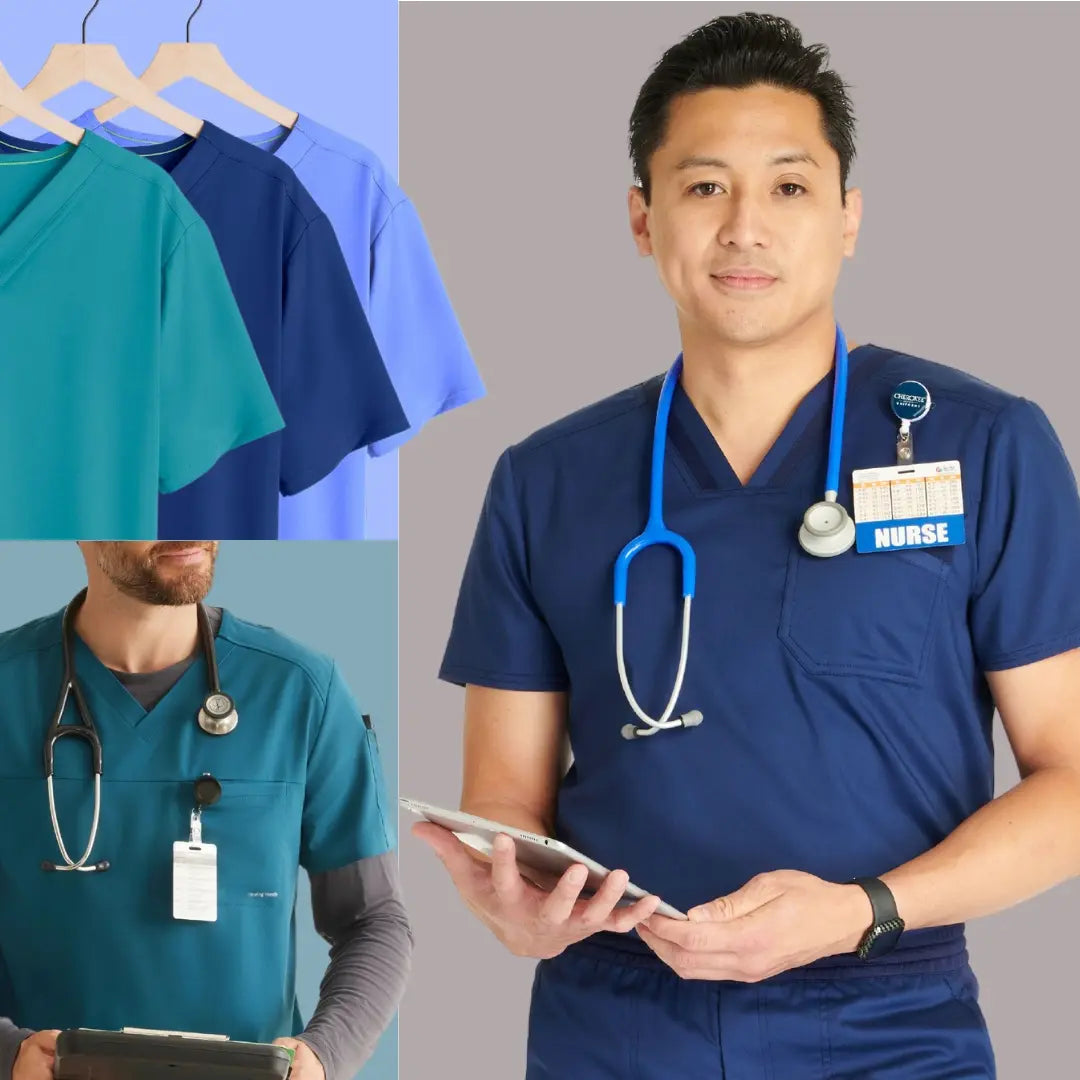 A collection of images showcasing some of Scrub Pro's selection of men's solid scrub tops on a multi-colored background.