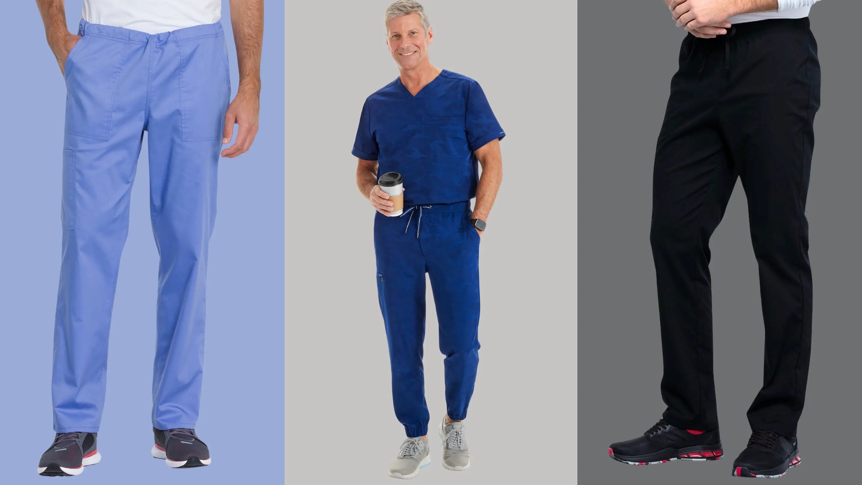 Three male LPN showcasing some of the available tall scrub pant styles at Scrub Pro on a multi-colored background.