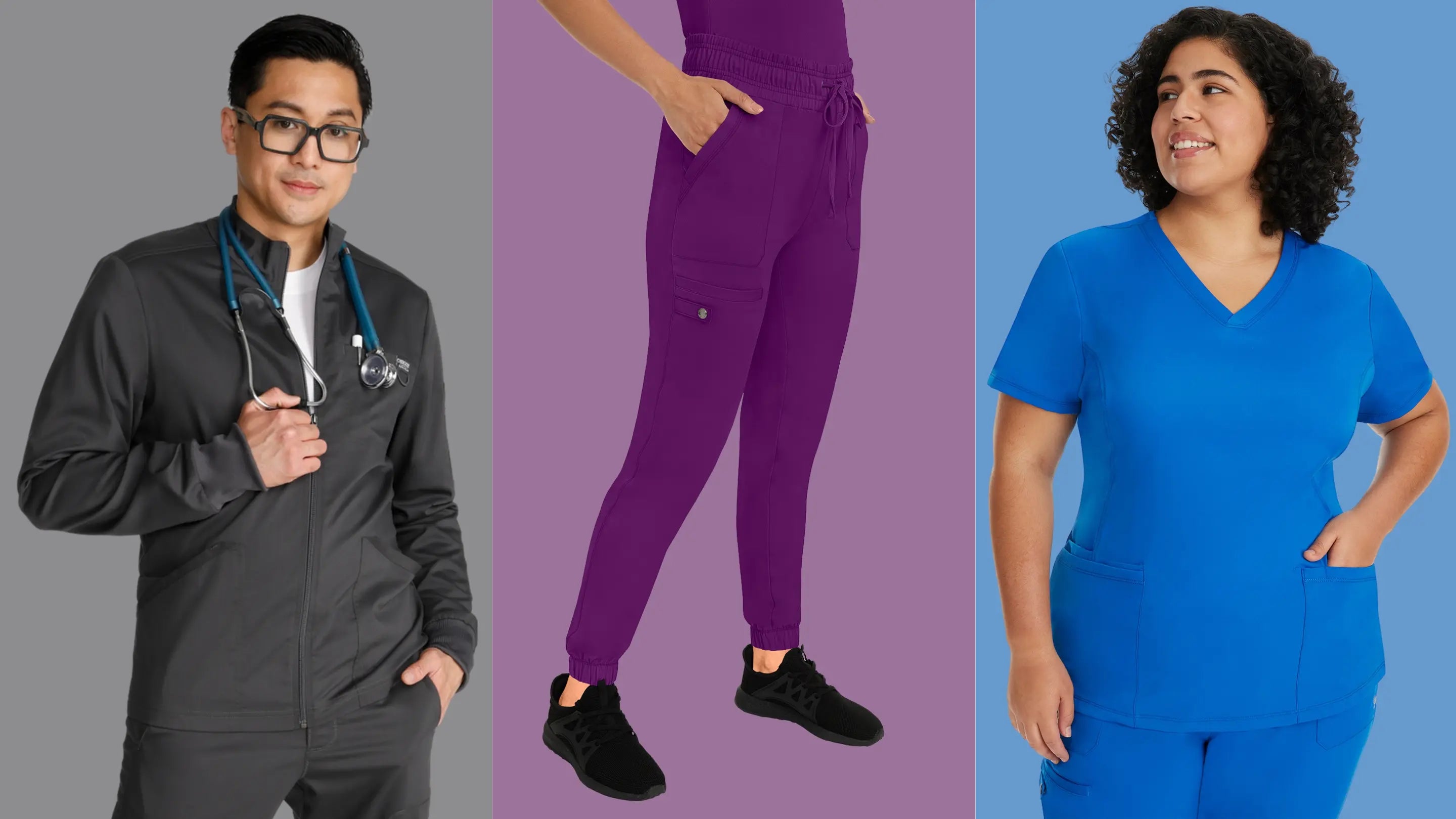 A collage of medical workers wearing modern fit scrub uniforms in pewter, eggplant and royal blue on multi-colored backgrounds.