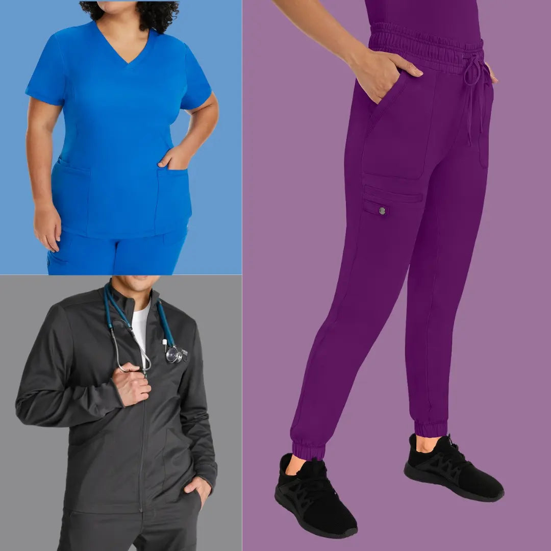 A collection of images featuring men and women nurses wearing modern fit scrubs in pewter, royal blue and eggplant on multi-colored backgrounds.