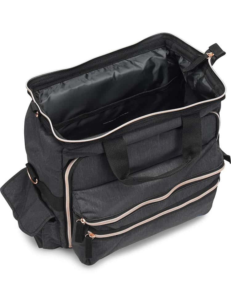 A top down picture of the Nurse Mates Ultimate Medical Bag in "Charcoal\Rose Gold" featuring a large hinged mouth for all of your on the go storage needs.