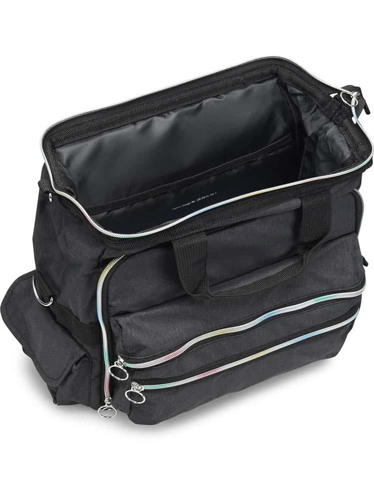 A top down picture of the Nurse Mates Ultimate Medical Bag in "Charcoal\Rainbow" featuring a large hinged mouth for all of your on the go storage needs.