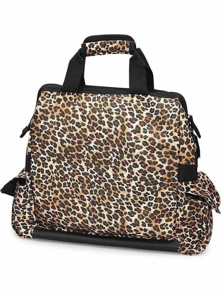 A top down picture of the Nurse Mates Ultimate Medical Bag in "Cheetah Print" featuring a large hinged mouth for all of your on the go storage needs.