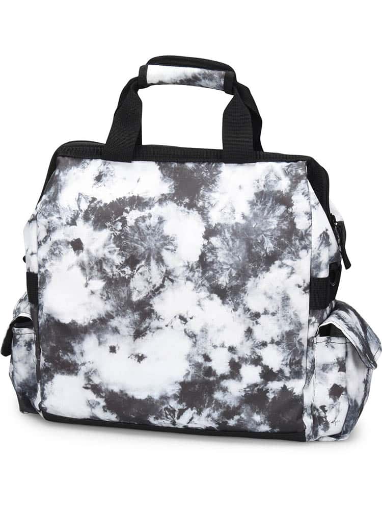 A picture of the NurseMates Ultimate Medical Bag in "Black & White Tie Dye" featuring a water and stain resistant fabric.