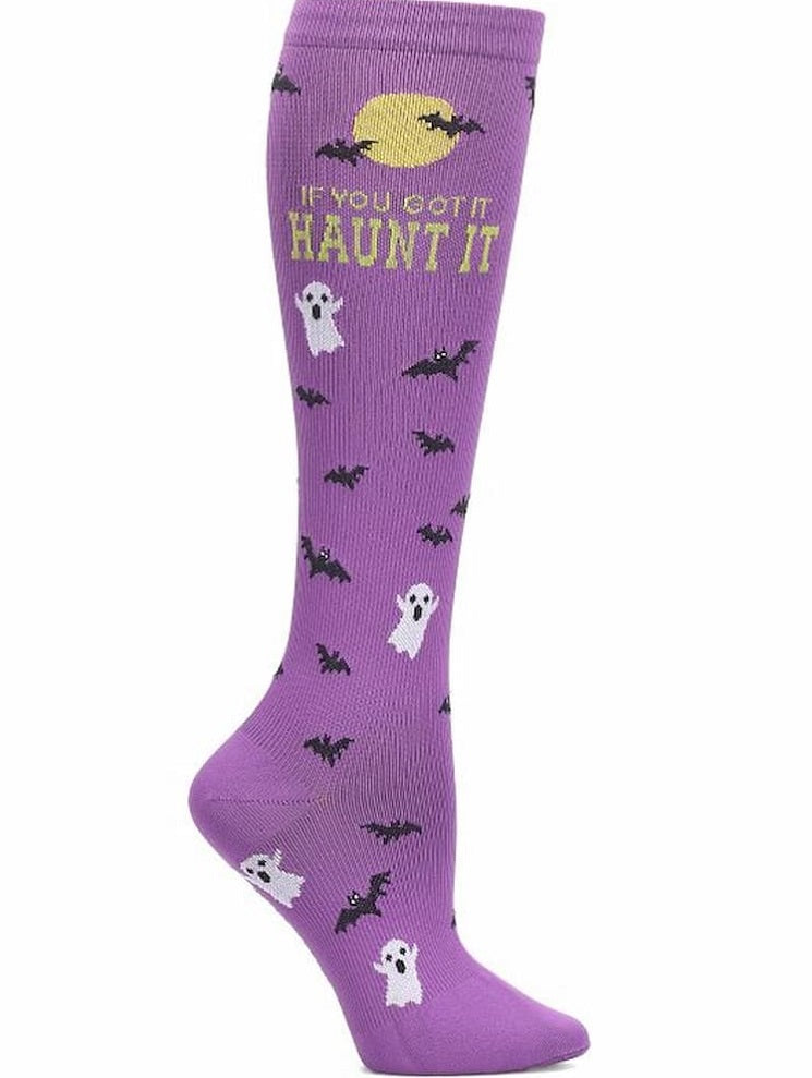 An image of the side of the of Women's Compression Socks from NurseMates in "Haunt It" featuring 12-14 mmHg Graduated Compression to help improve circulation and relieve leg fatigue.