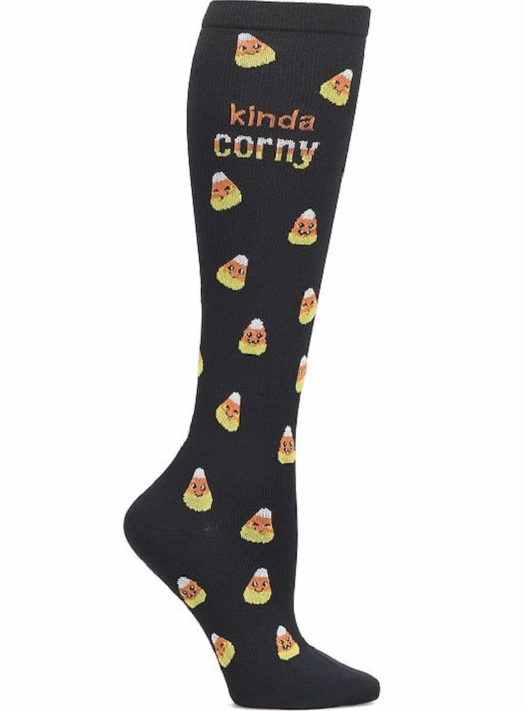 An image of the side of the of Women's Compression Socks from NurseMates in "Kinda Corny" featuring 12-14 mmHg Graduated Compression to help improve circulation and relieve leg fatigue.