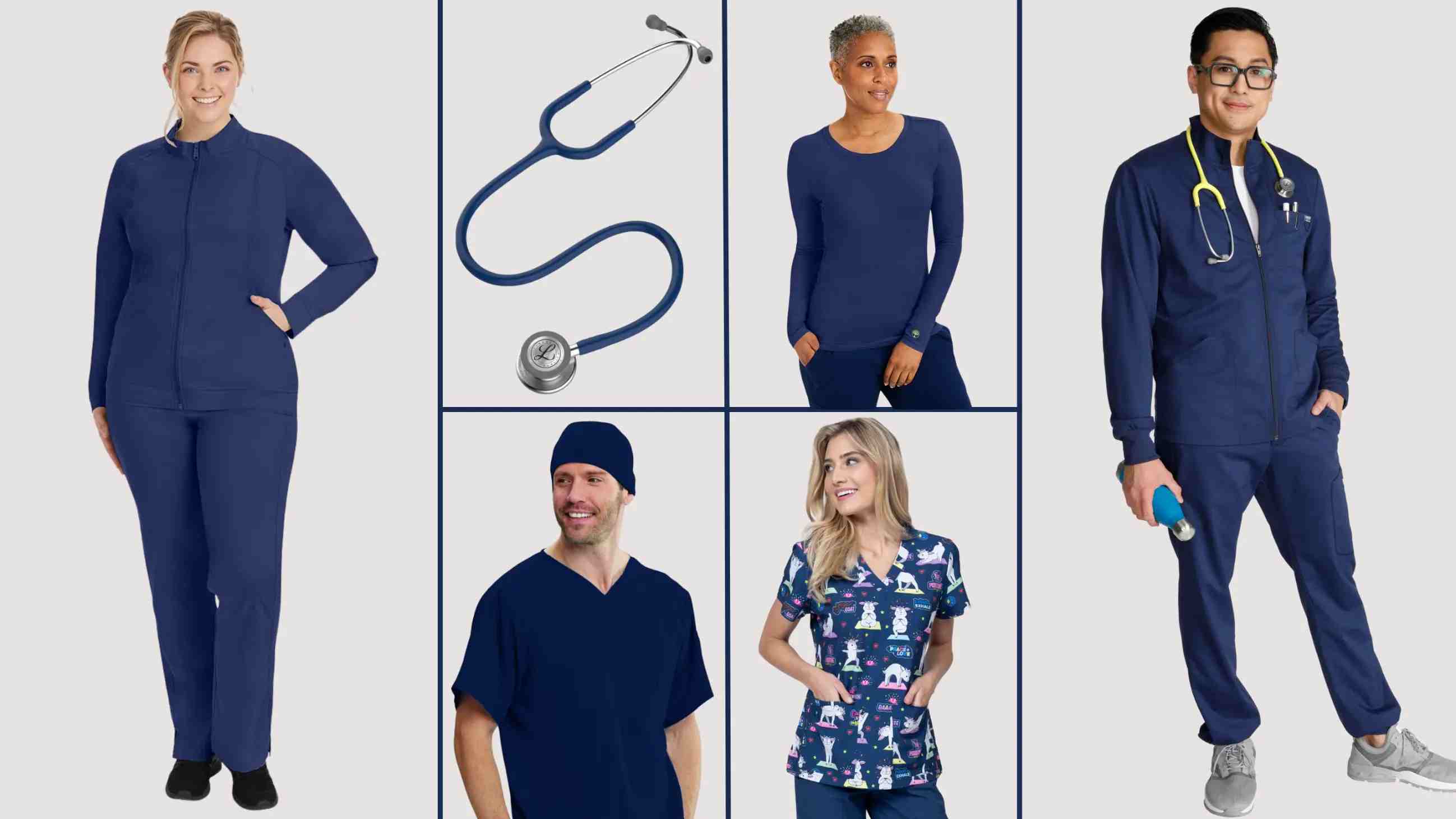 A collage of healthcare professionals wearing navy colored scrubs and medical devices.