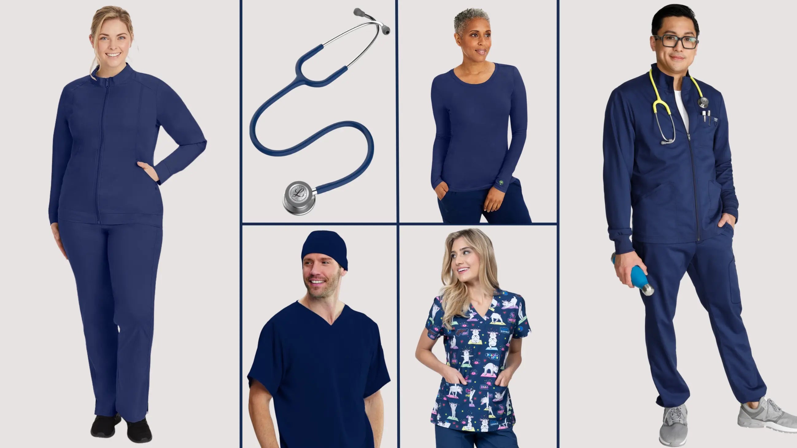 A collage of healthcare professionals wearing navy colored scrubs and medical devices.