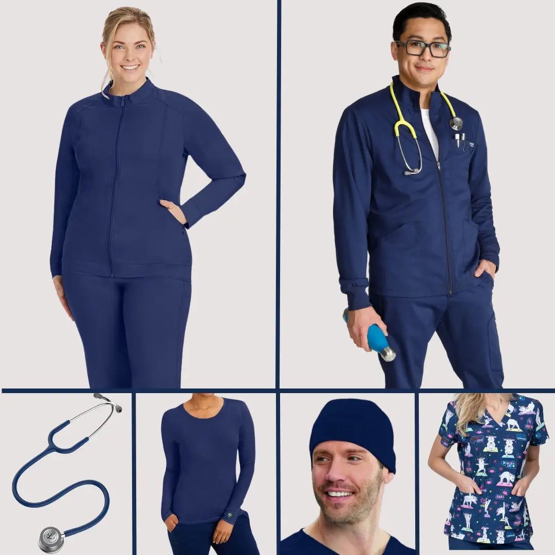 A collection of navy scrub uniforms and nursing essentials on an off-white background.