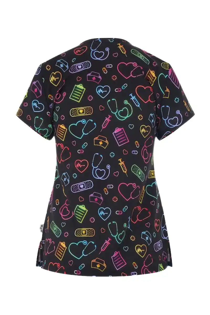 An image of the back of a Meraki Sport Women's Print Scrub Top in "Nurse Essentials" featuring shoulder yokes and side slits for additional range of motion.