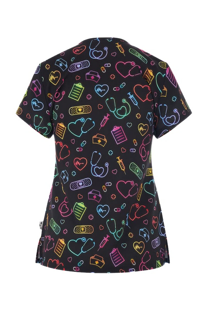 An image of the back of a Meraki Sport Women's Print Scrub Top in "Nurse Essentials" featuring shoulder yokkes and side slits for additional range of motion.