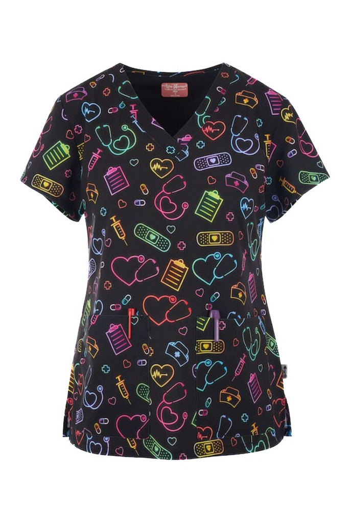 An image of the front of a Meraki Sport Women's Print Scrub Top in "Nurse Essentials" featuring a contemporary fit with short sleeves.