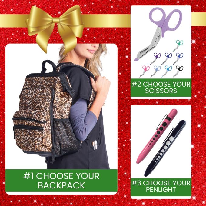 A look at what comes in Scrub Pro's NurseMates Backpack Holiday Bundle.