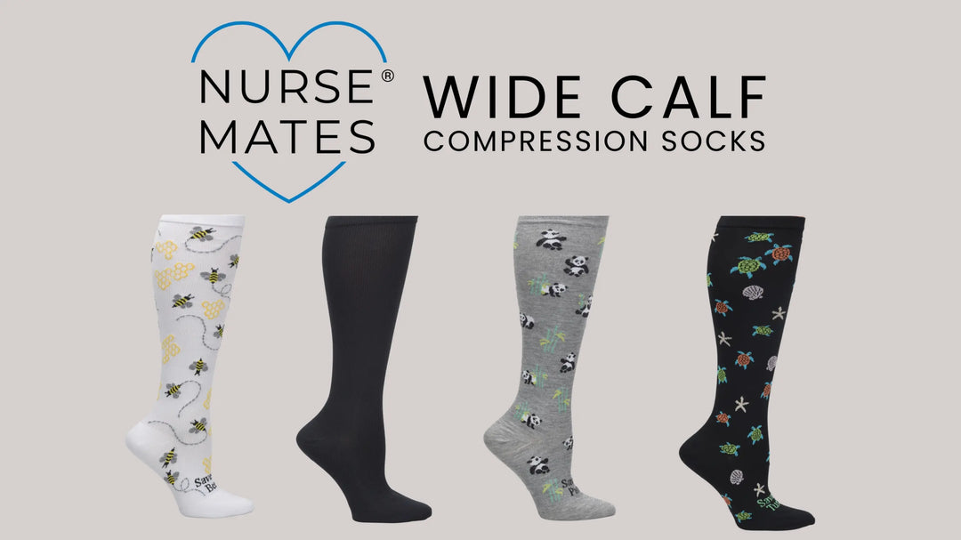 A look at 4 different styles of NurseMates Wide Calf Compression Socks on a light grey background with the NurseMates logo above.