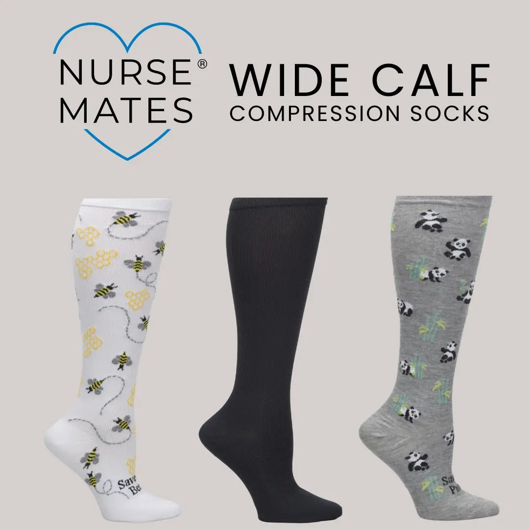 Three NurseMates Wide Calf Compression Socks on a light grey background with the NurseMates logo above.