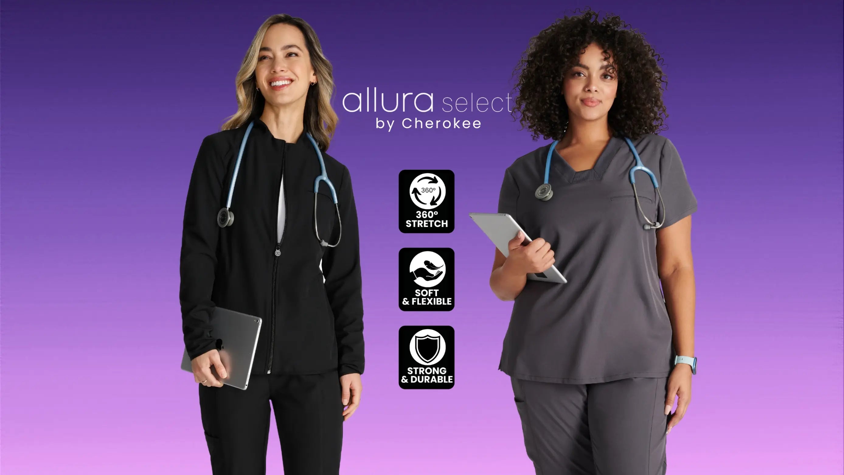 Two young female nurses showcasing some of Scrub Pro's selection of Cherokee Allura Select scrubs on a purple background.