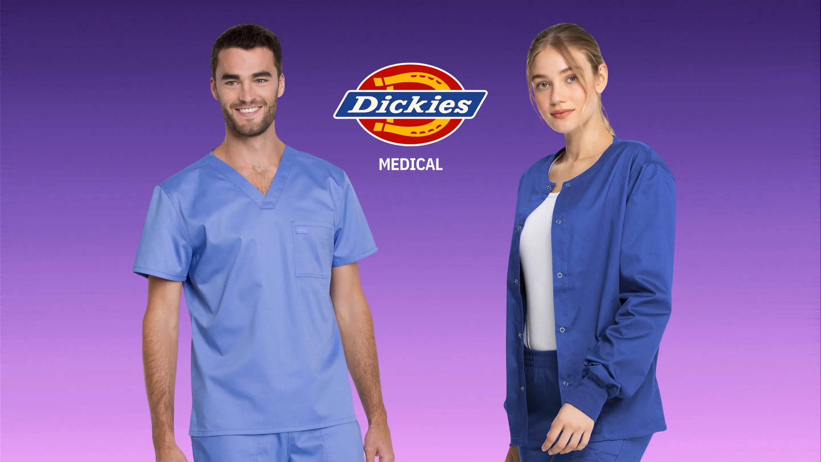 Two young Healthcare Professionals displaying some of the available scrub styles in Scrub Pro's collection of Dickies Medical Scrubs on a purple background.