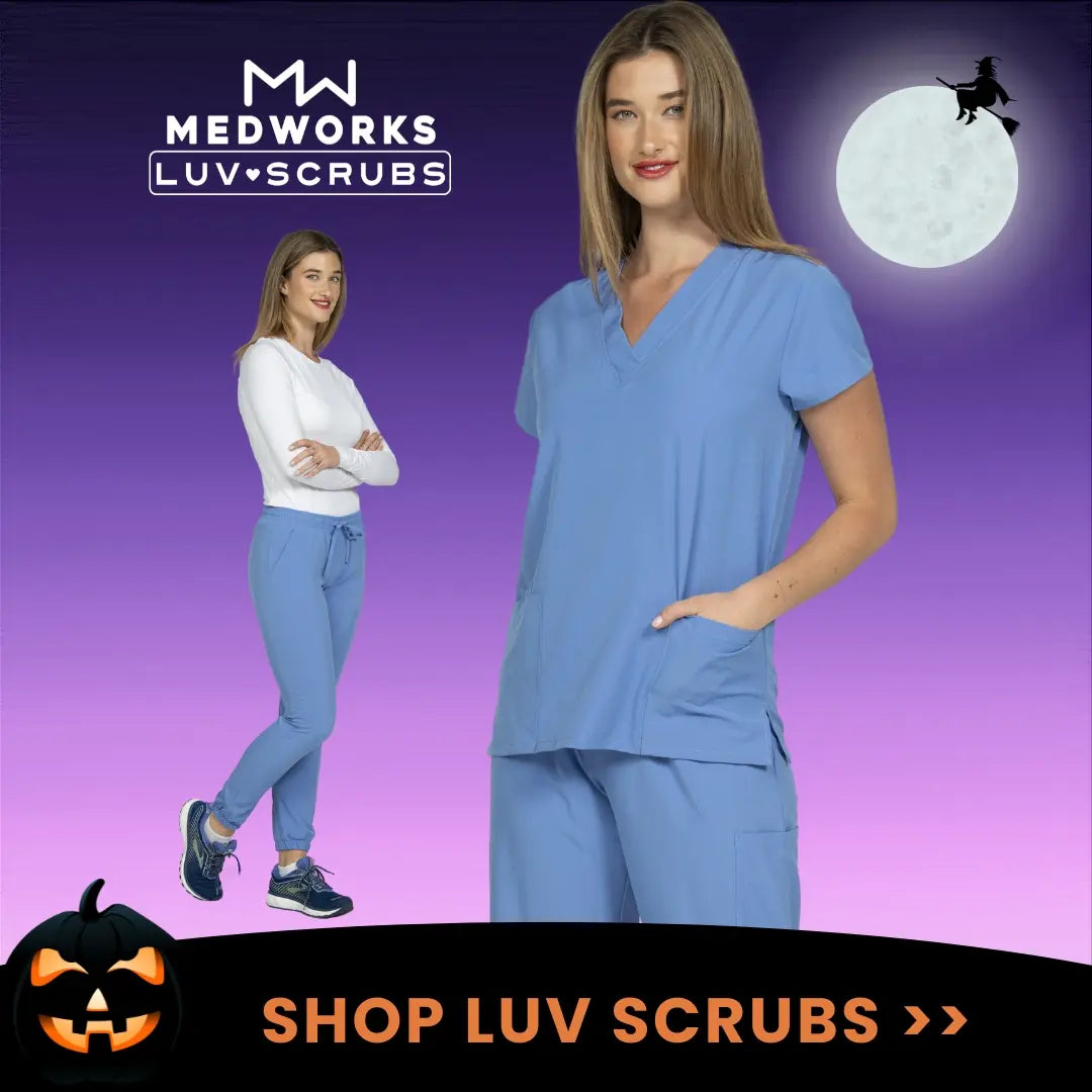 A young female nurse showcasing some of the available styles in Scrub Pro's collection of Luv Scrubs by MedWorks on a purple and black Halloween-themed background.