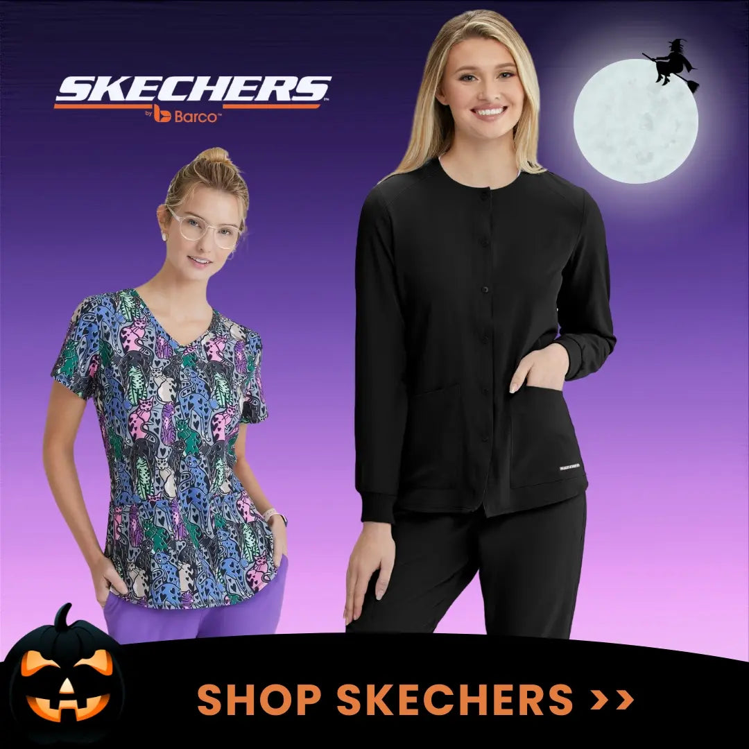 A look at some of the available scrub styles in Scrub Pro's collection of Skechers by Barco Medical Uniforms on a purple Halloween-themed background.